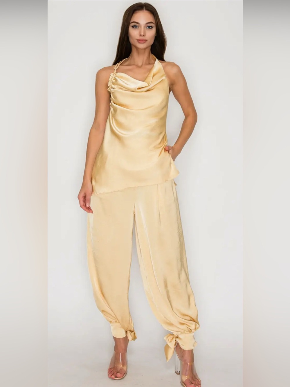 Satin Halter Two Piece Set in Champagne